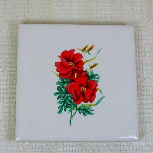 Ceramic Spoon Rest With Red Flowers / Ceramic Tile Trivet / Christmas Spoon Rest / Christmas Coaster / Christmas Decor /  Kitchen Trivet With Red Flowers