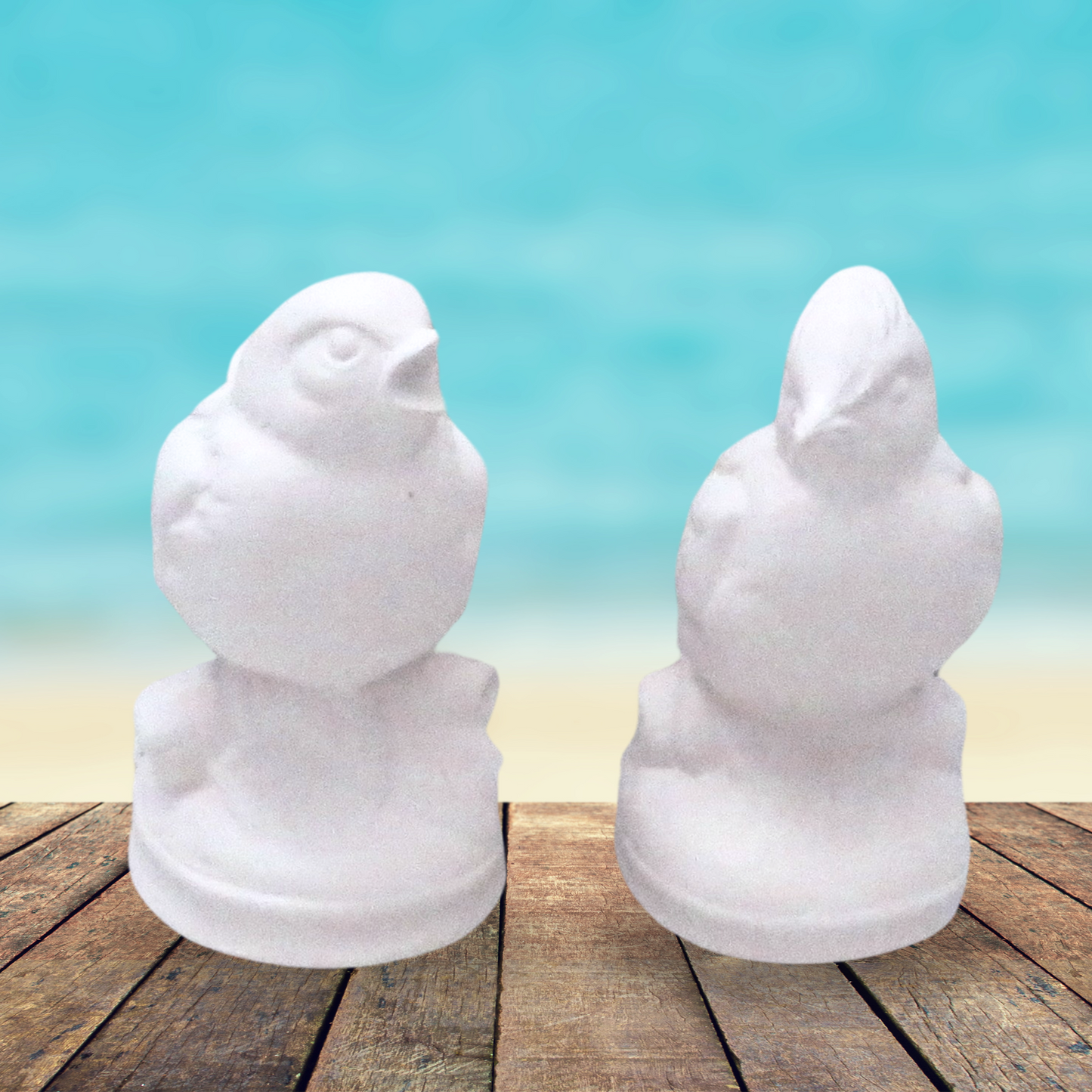 2 handmade ready to paint ceramic bird figurines sitting on a rustic table near the ocean