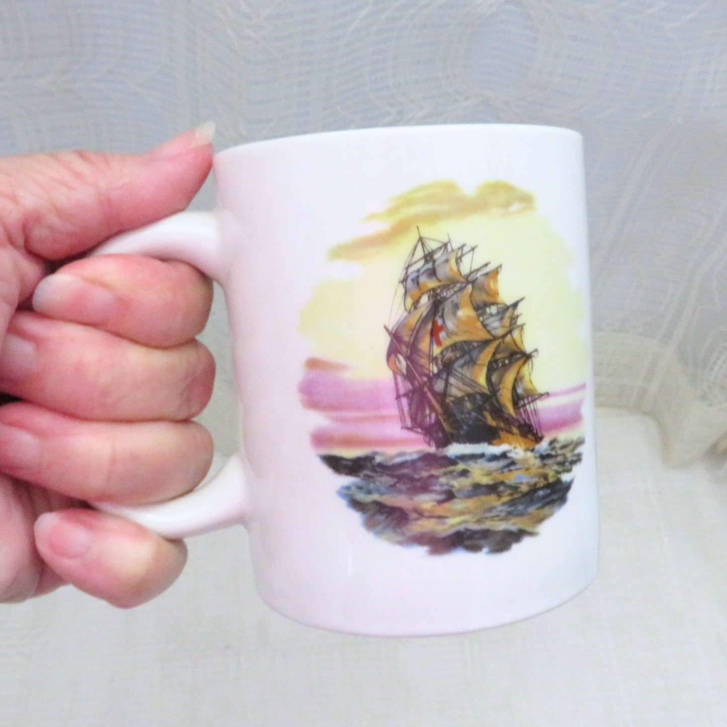 Handmade Nautical Style Coffee Mug with Clipper Ship, 11 Ounce Coffee Cup