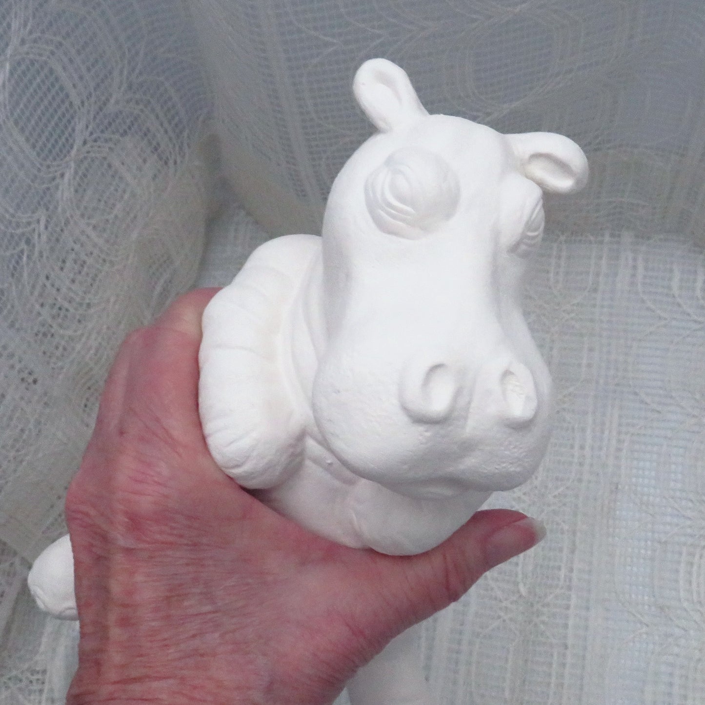 Unpainted Ceramic Bisque Hippo on Back Figurine, Ready to Paint Ceramic Hippo Statue