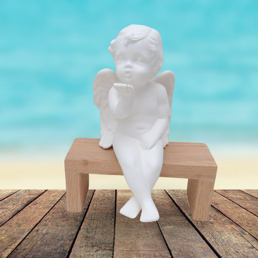 Ready to Paint Ceramic Cherub Figurine Blowing Kisses Sitting on a Bench, Paintable Ceramic Angel Statue, Ceramic Cherub For You To Paint