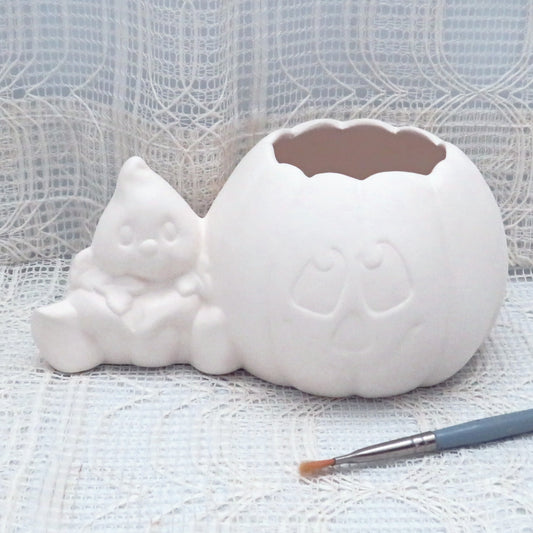 Unpainted Ceramic Bisque Pumpkin and Ghost for Halloween Decor