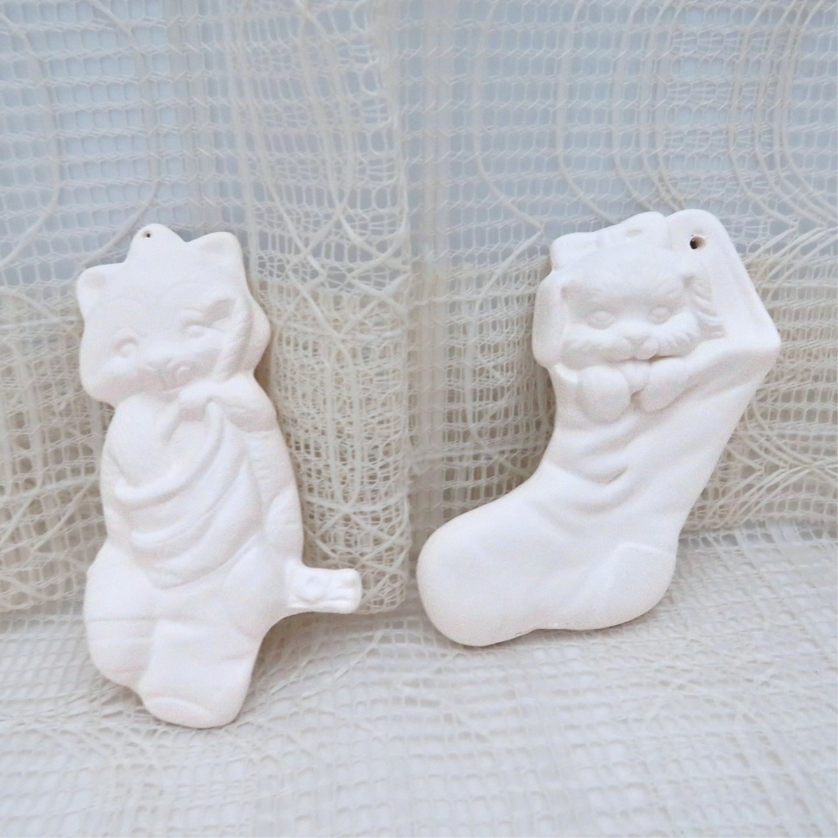 Handmade Paintable Ceramic Ornaments, Raccoon & Puppy, Christmas Tree Decor, Ready to Paint, Paint Project for Family