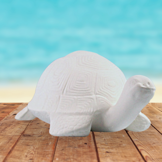 Ready to paint ceramic turtle on a rustic wooden table near the ocean