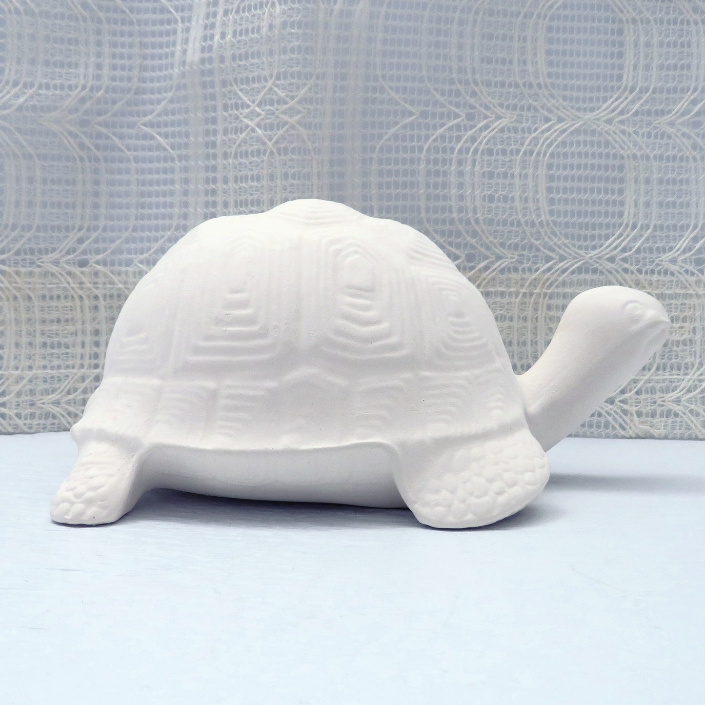 Side view of an unpainted ceramic bisque turtle facing to the viewer's right.  It is standing on a pale blue table with a lacy curtain behind it.