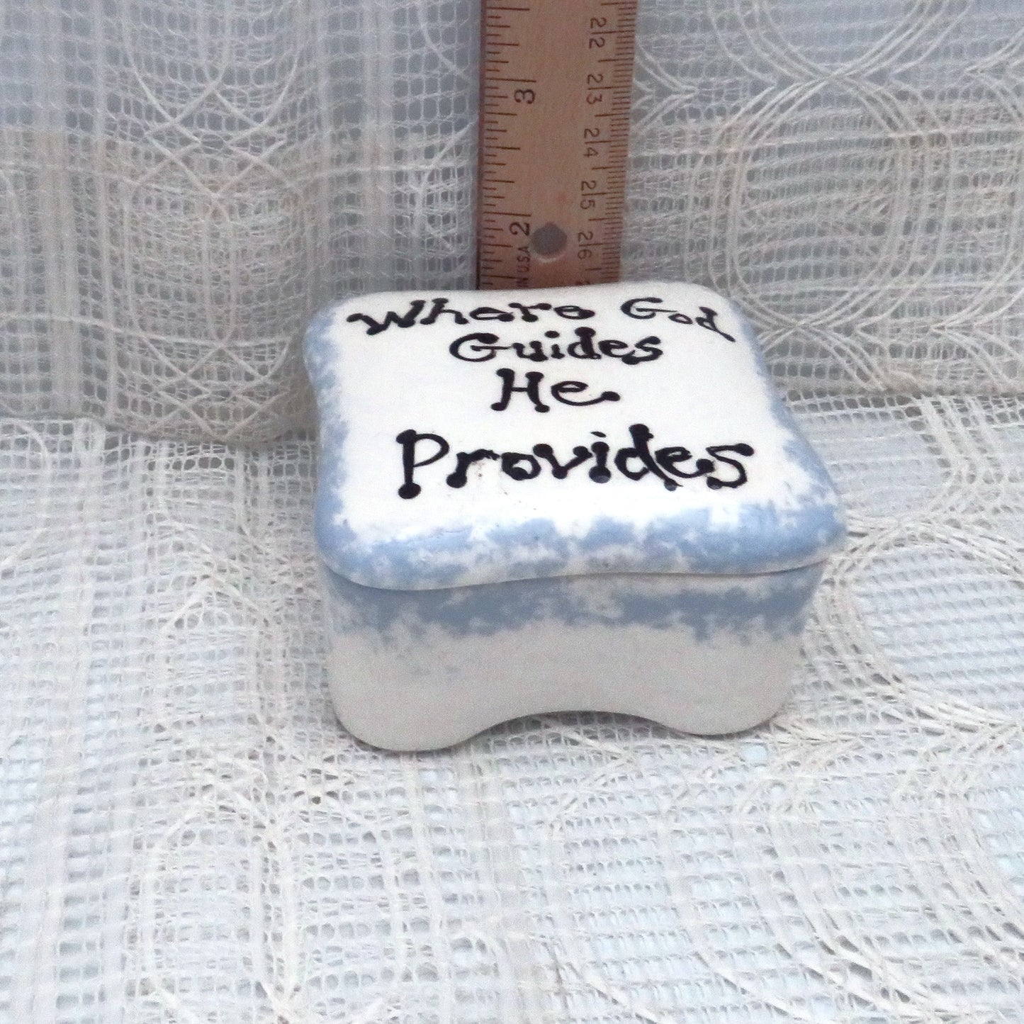 Handmade Ceramic Square Trinket Dish White and Blue Lidded with Inspirational Message, Handpainted Trinket Box, Candy Dish