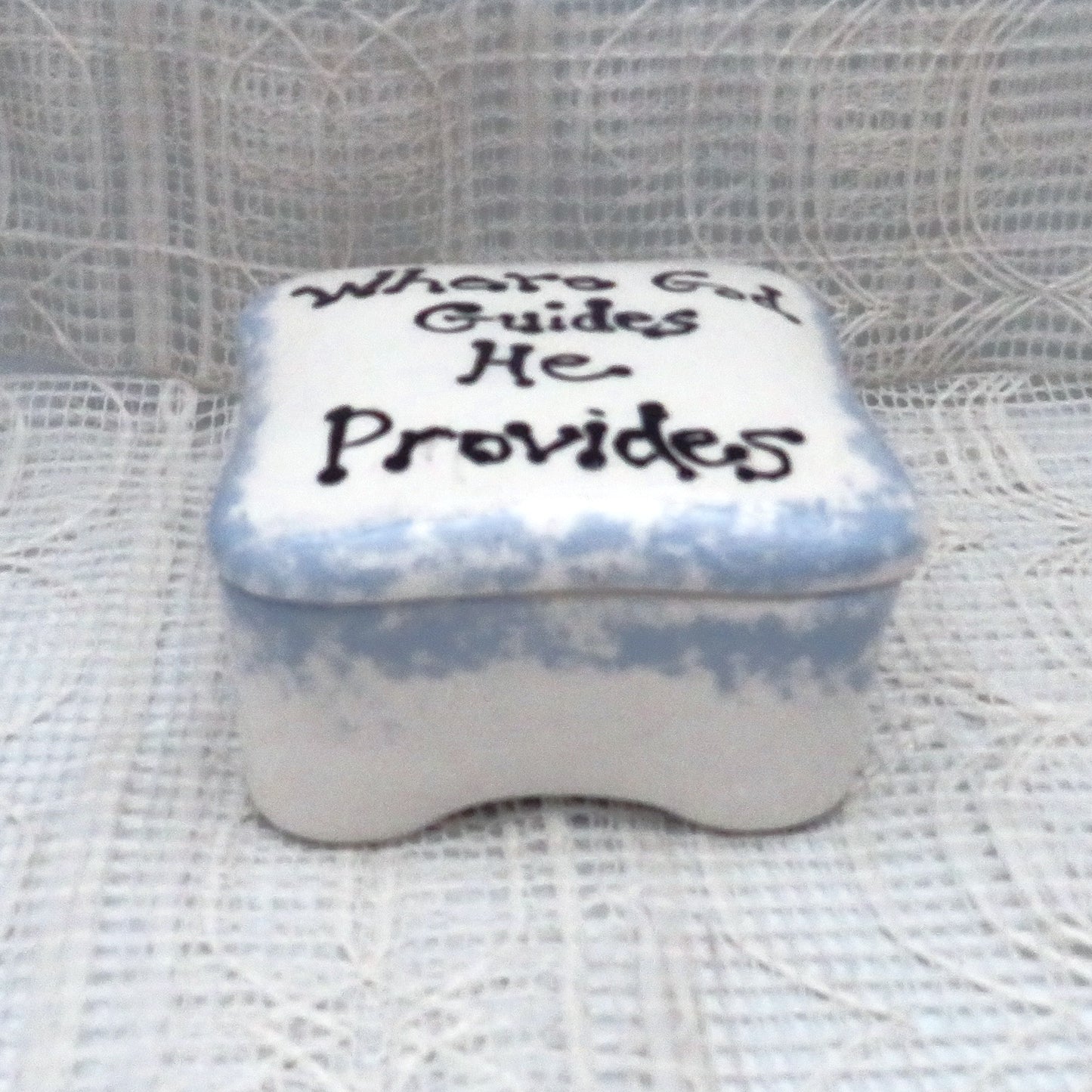 Handmade Ceramic Square Trinket Dish White and Blue Lidded with Inspirational Message, Handpainted Trinket Box, Candy Dish