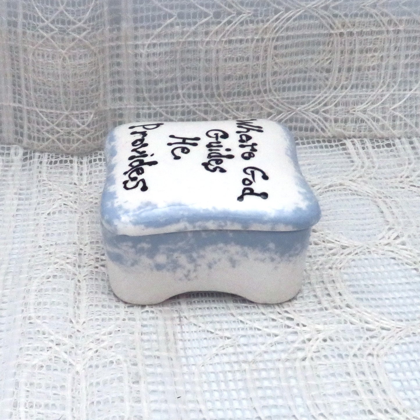 Handmade Ceramic Square Trinket Dish White and Blue Lidded with Inspirational Message, Handpainted Trinket Box, Candy Dish