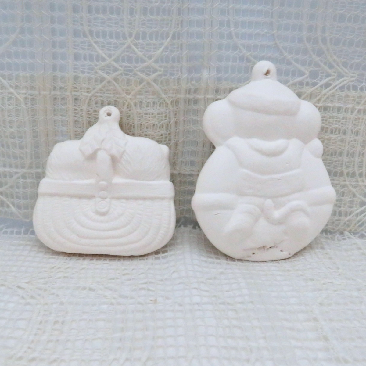 Ready to Paint Ceramic Cats in a Basket and Mouse Christmas Tree Ornaments, Unpainted Christmas Decor