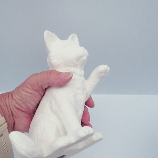 Handmade Ready to Paint Ceramic Cat Figurine, Unpainted Ceramic Cat Statue,  Ceramics to Paint, Paintable Ceramics, Cat Decor, Cat Lover Gift, Kitty with Paw Up