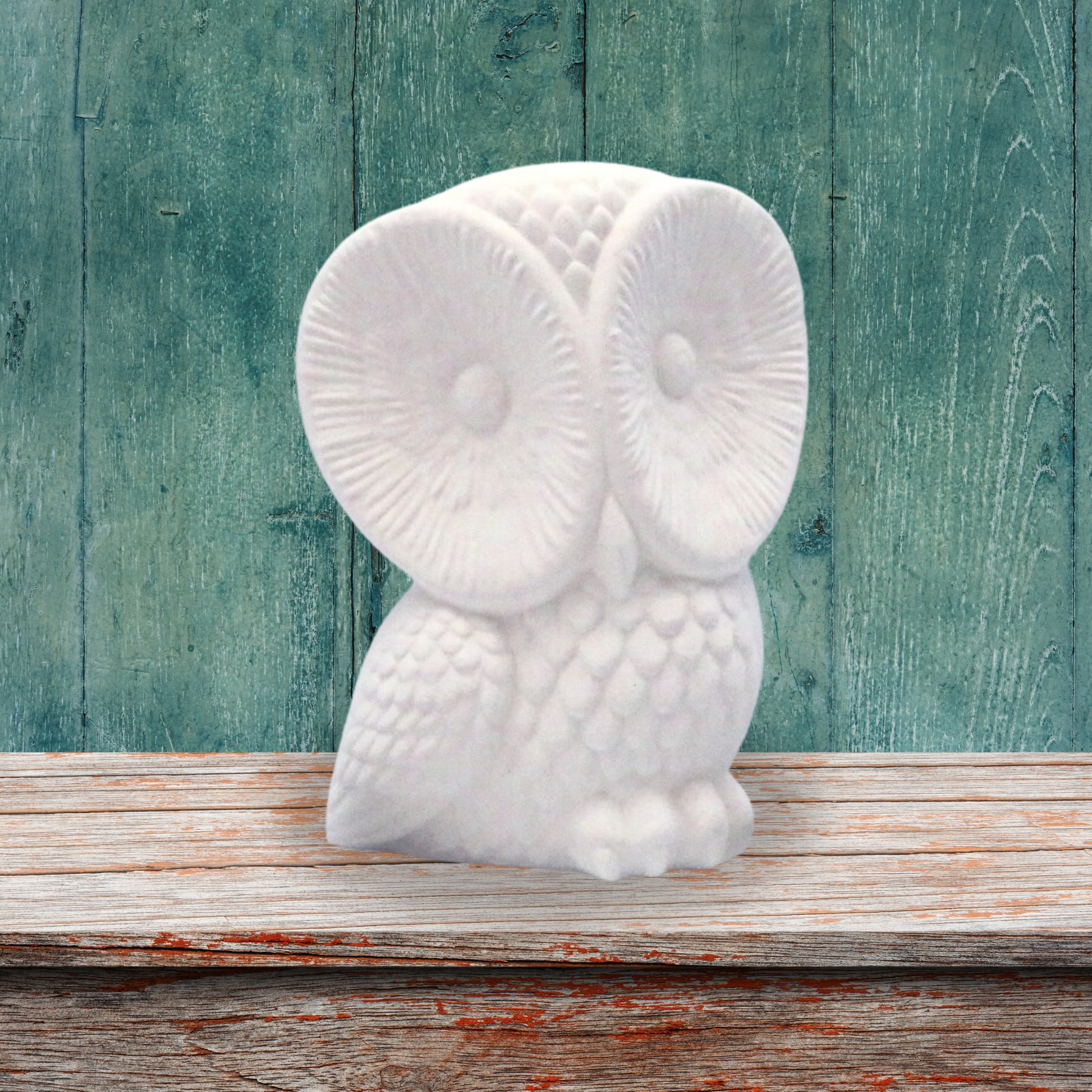 ready to paint ceramic owl sitting on shelf with rustic green background