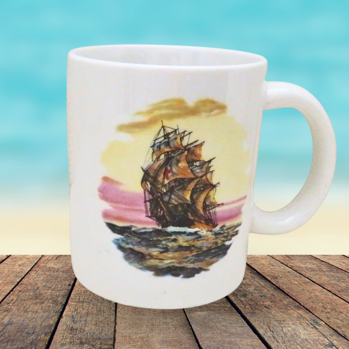 Handmade Nautical Style Coffee Mug with Clipper Ship, 11 Ounce Coffee Cup