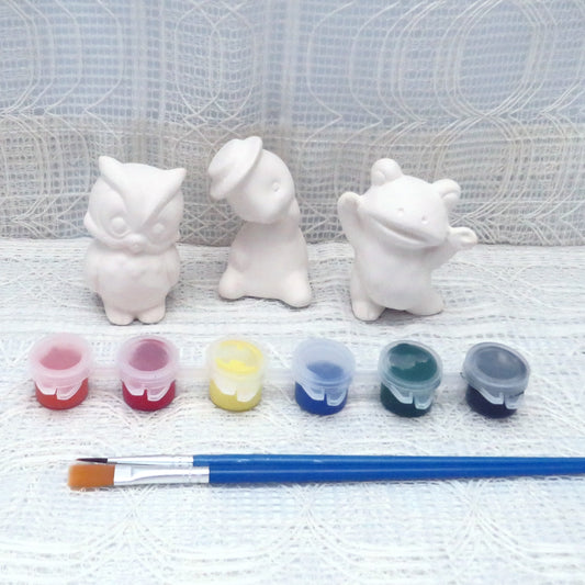 Unpainted Ceramic Owl, Turtle, and Frog Figurines with Paints and Brushes, Ready to Paint Ceramic Craft Set, Handmade Paintable Ceramics, Gift for Kids