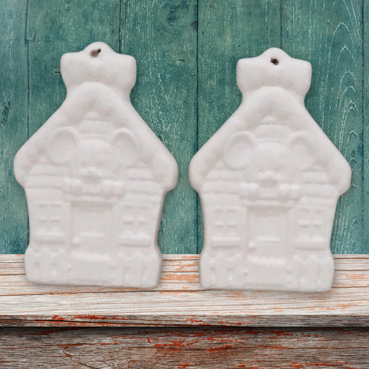 Handmade Ready to Paint Ceramic Gingerbread House with Little Mouse Christmas Tree Ornaments, Set of 2 Paintable Christmas Decorations