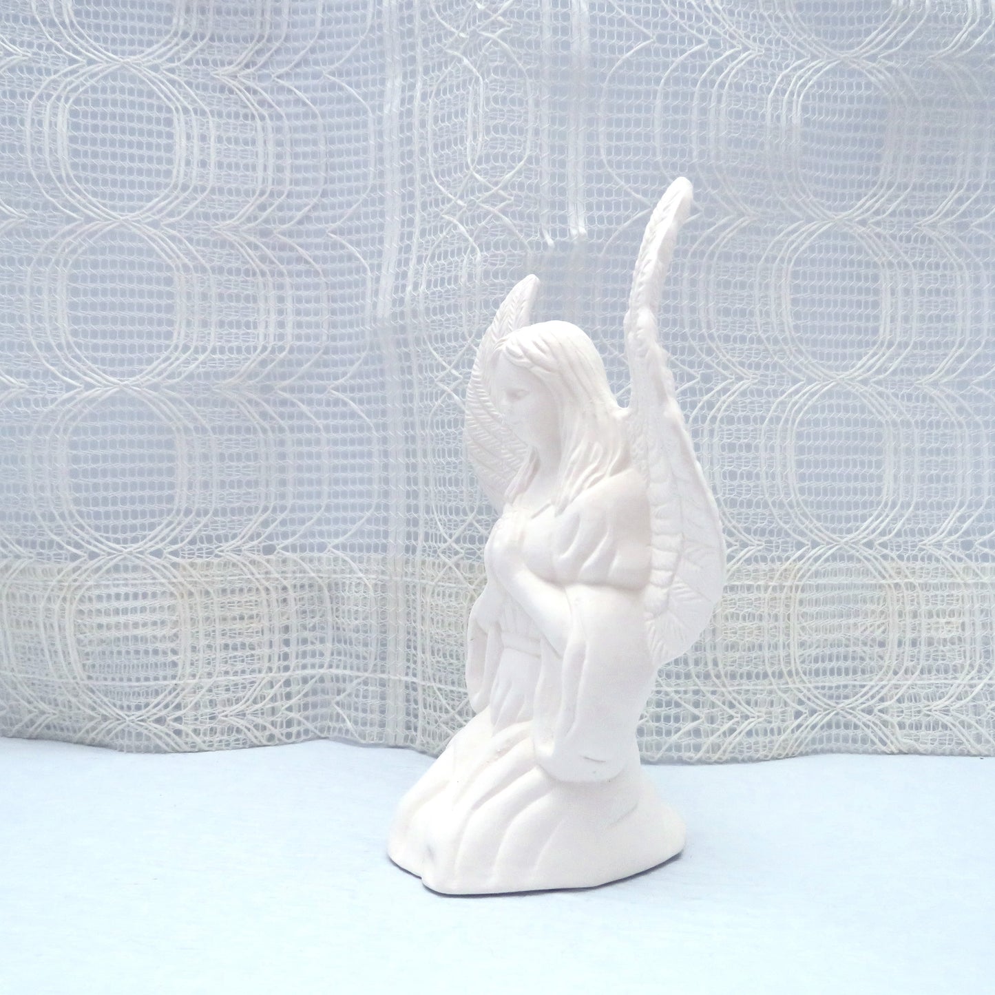 Handmade Paintable Ceramic Kneeling Angel Figurine, Unpainted Ceramic Kneeling Angel Statue