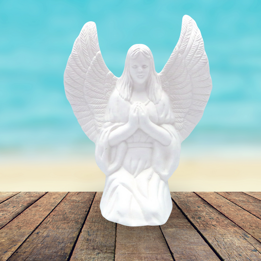 Handmade Paintable Ceramic Kneeling Angel Figurine, Unpainted Ceramic Kneeling Angel Statue