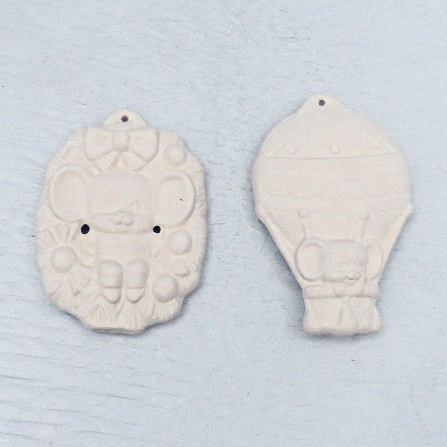 Handmade Ready to Paint Christmas Tree Ornaments with Mouse in Wreath and in Hot Air Balloon