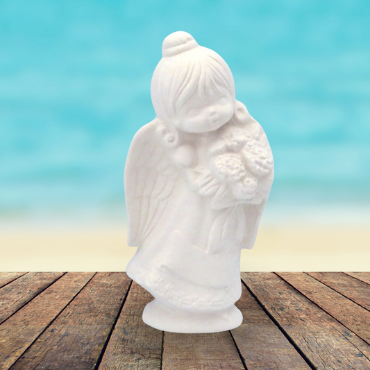 Handmade Ready to Paint Ceramic Angel Figurine Holding Flowers