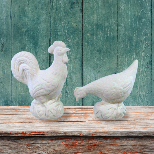 Unpainted Ceramic Rooster and Chicken Figurines, Farmhouse Decor, Bisqueware, Ceramics to Paint, Ready to Paint Ceramic Statues, Paintable Ceramics