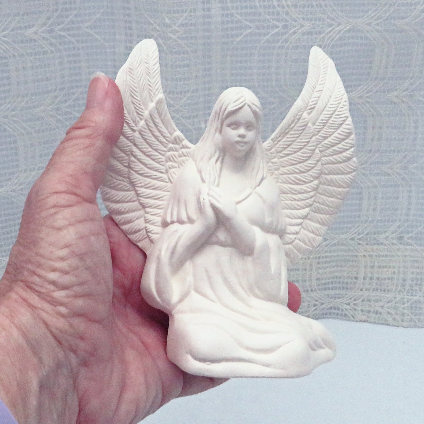 Handmade Ready to Paint Ceramic Side Sitting Angel Figurine, Unpainted Ceramic Bisque Angel Figurine