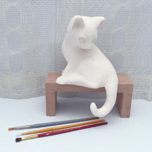 Handmade Unpainted Ceramic Sitting Shelf Cat Figurine, Ready to Paint Cat Statue