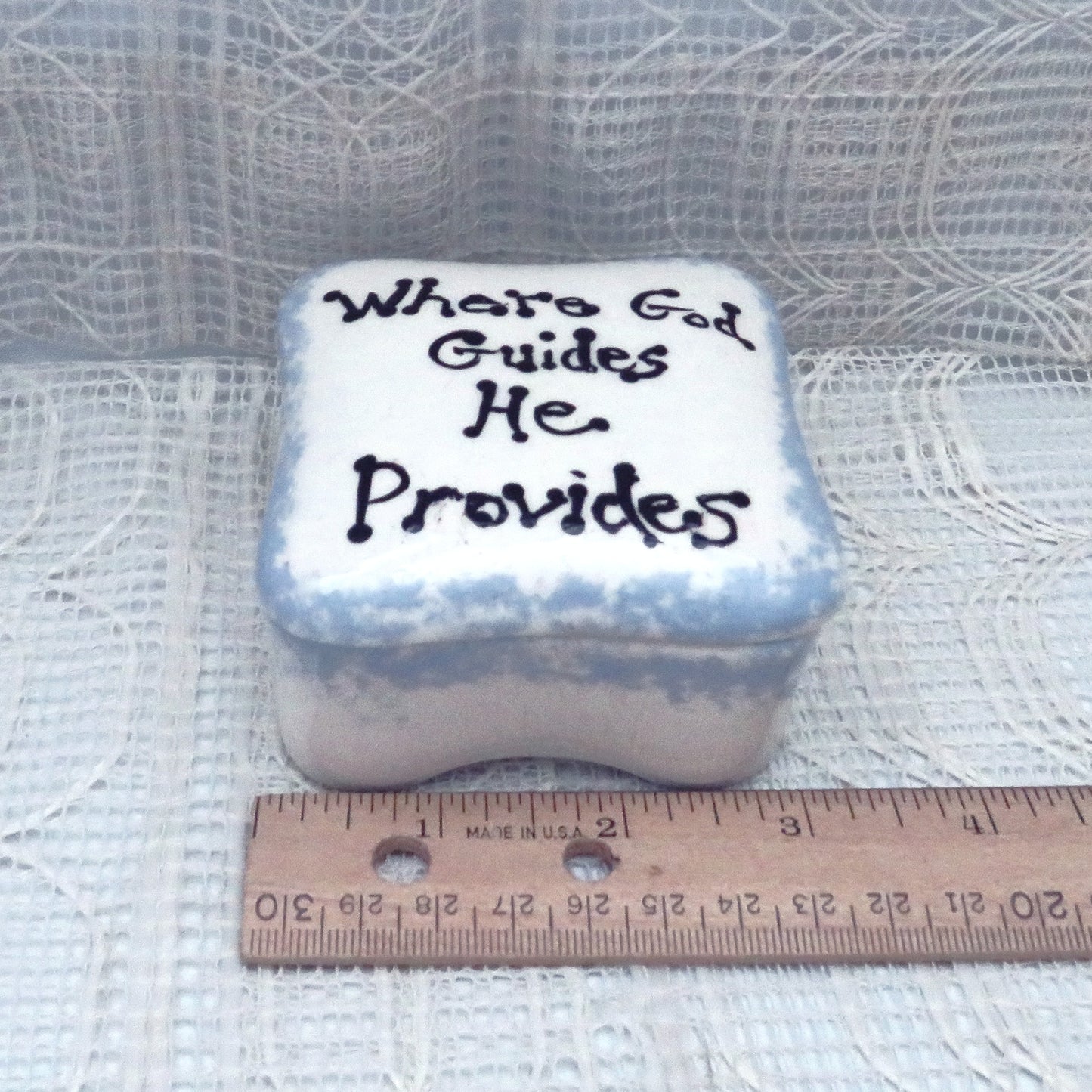 Handmade Ceramic Square Trinket Dish White and Blue Lidded with Inspirational Message, Handpainted Trinket Box, Candy Dish