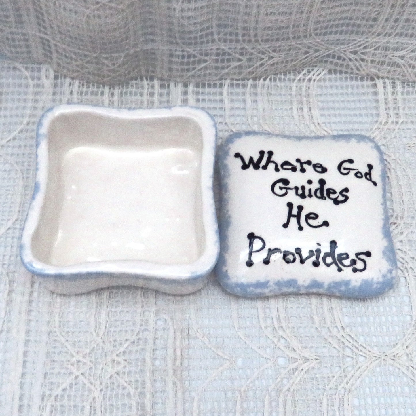 Handmade Ceramic Square Trinket Dish White and Blue Lidded with Inspirational Message, Handpainted Trinket Box, Candy Dish