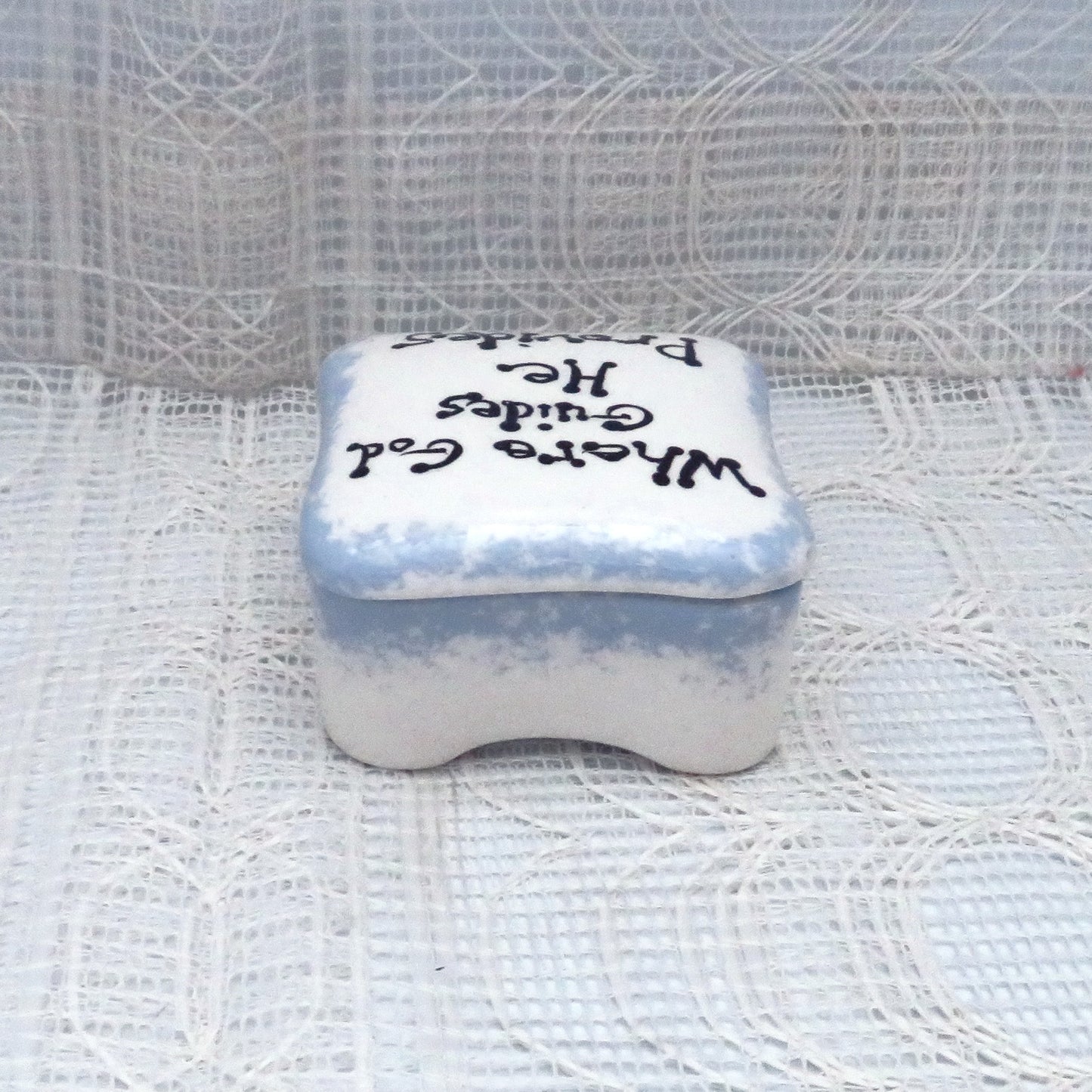 Handmade Ceramic Square Trinket Dish White and Blue Lidded with Inspirational Message, Handpainted Trinket Box, Candy Dish