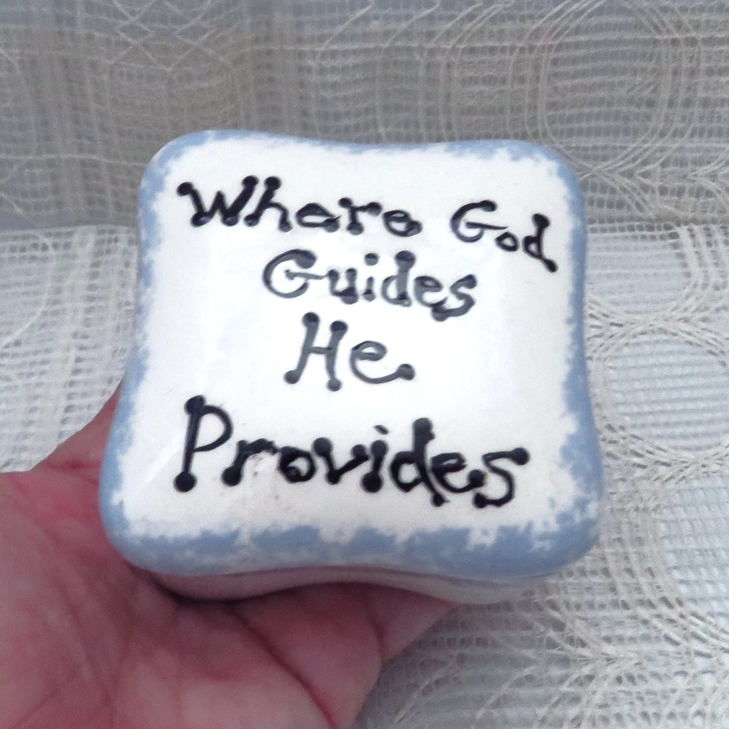 Handmade Ceramic Square Trinket Dish White and Blue Lidded with Inspirational Message, Handpainted Trinket Box, Candy Dish