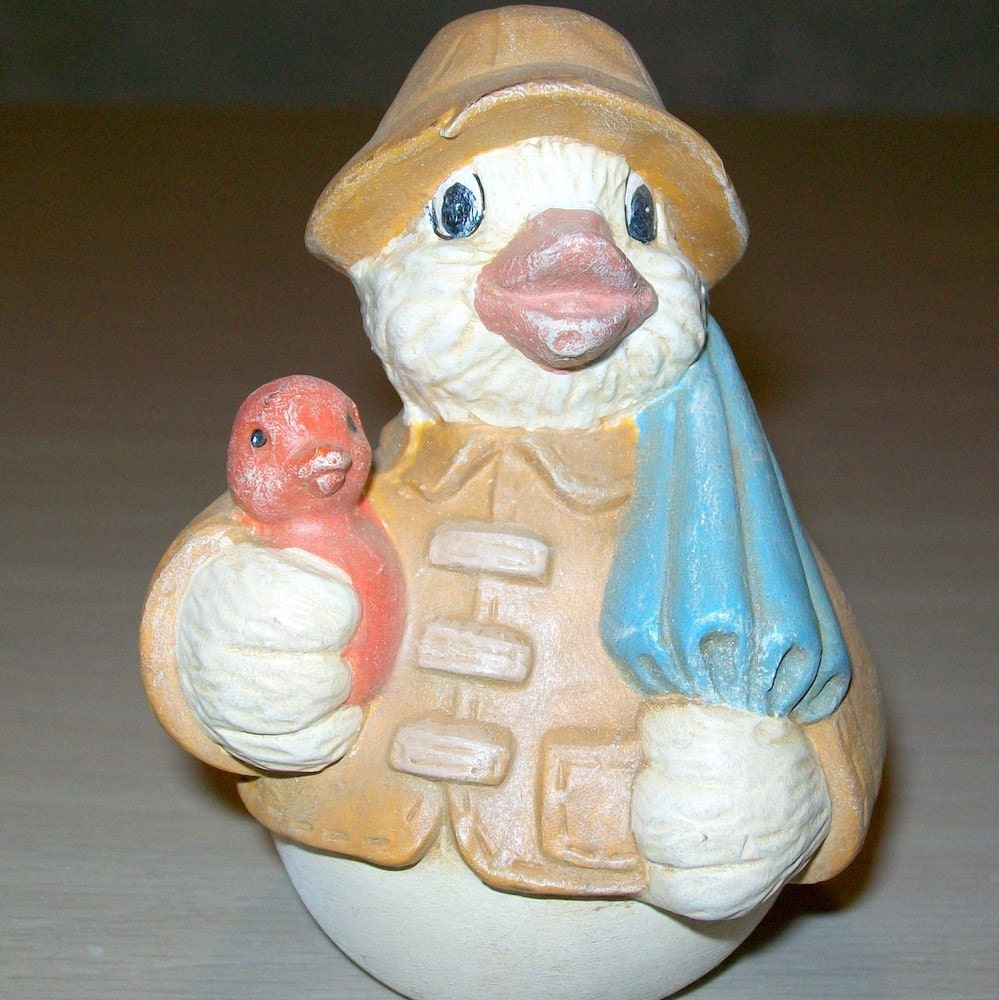 Duck Wearing Rain Coat / Handmade Ceramic Duck Figurine