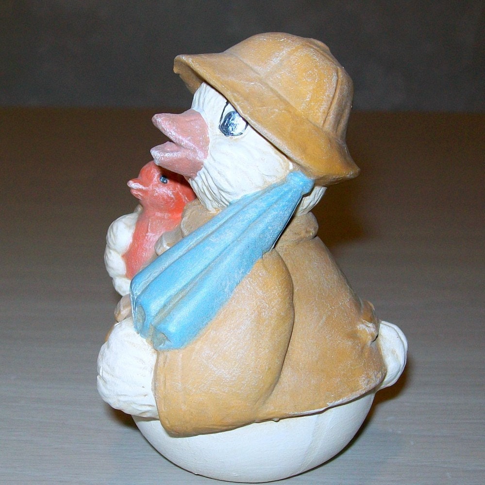 Duck Wearing Rain Coat / Handmade Ceramic Duck Figurine