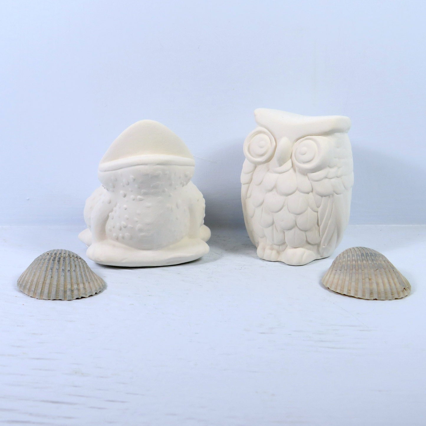 Handmade Ceramic Bisque Owl and Frog Figurines / Unpainted Owl Statue / Ready to Paint Frog Statue / Ceramics to Paint / Owl Decor / Frog