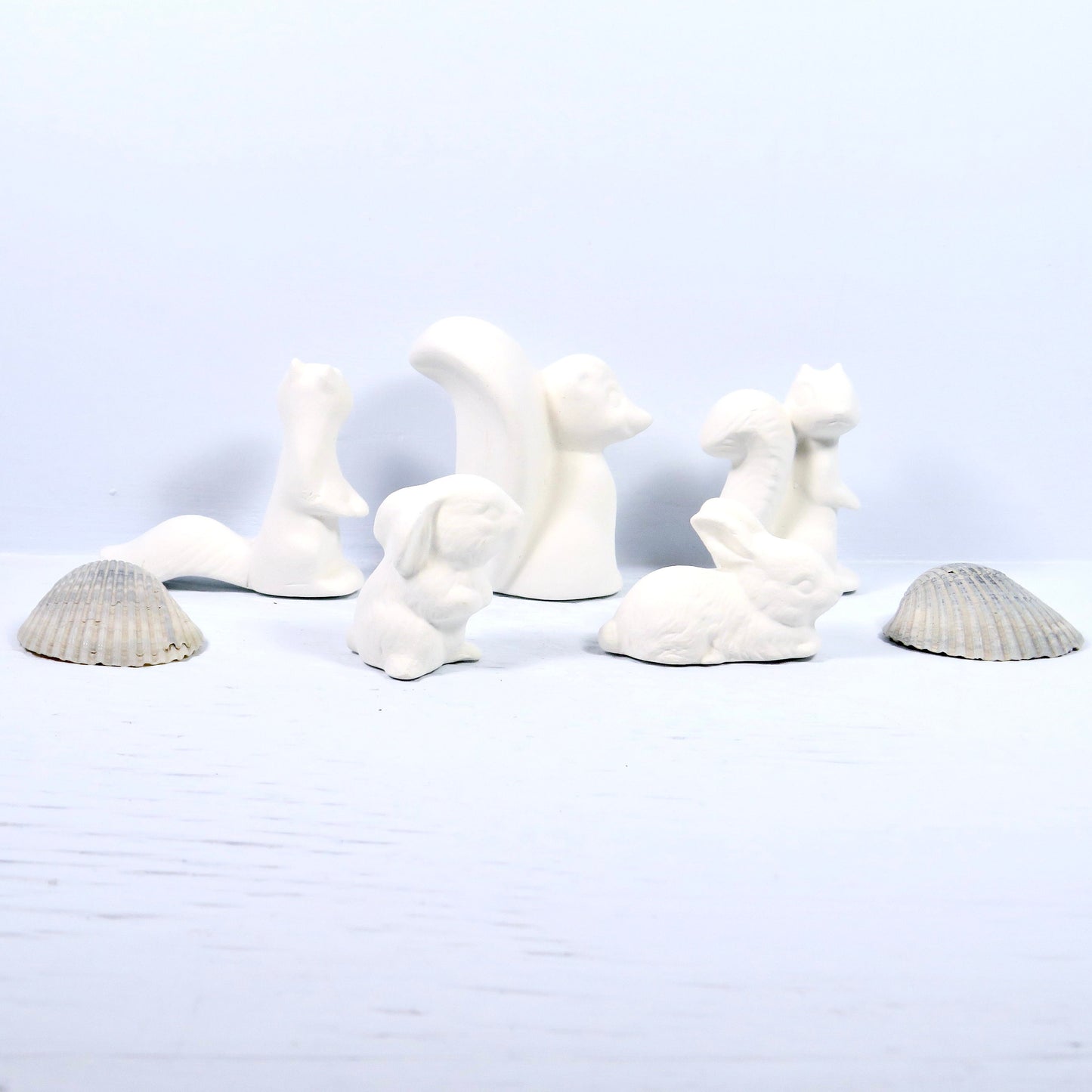 Small Woodland Ceramic Bisque Animals / Unpainted Ceramics / Ready to Paint / Squirrel Figurines / Skunk Figurine / Bunny Figurines