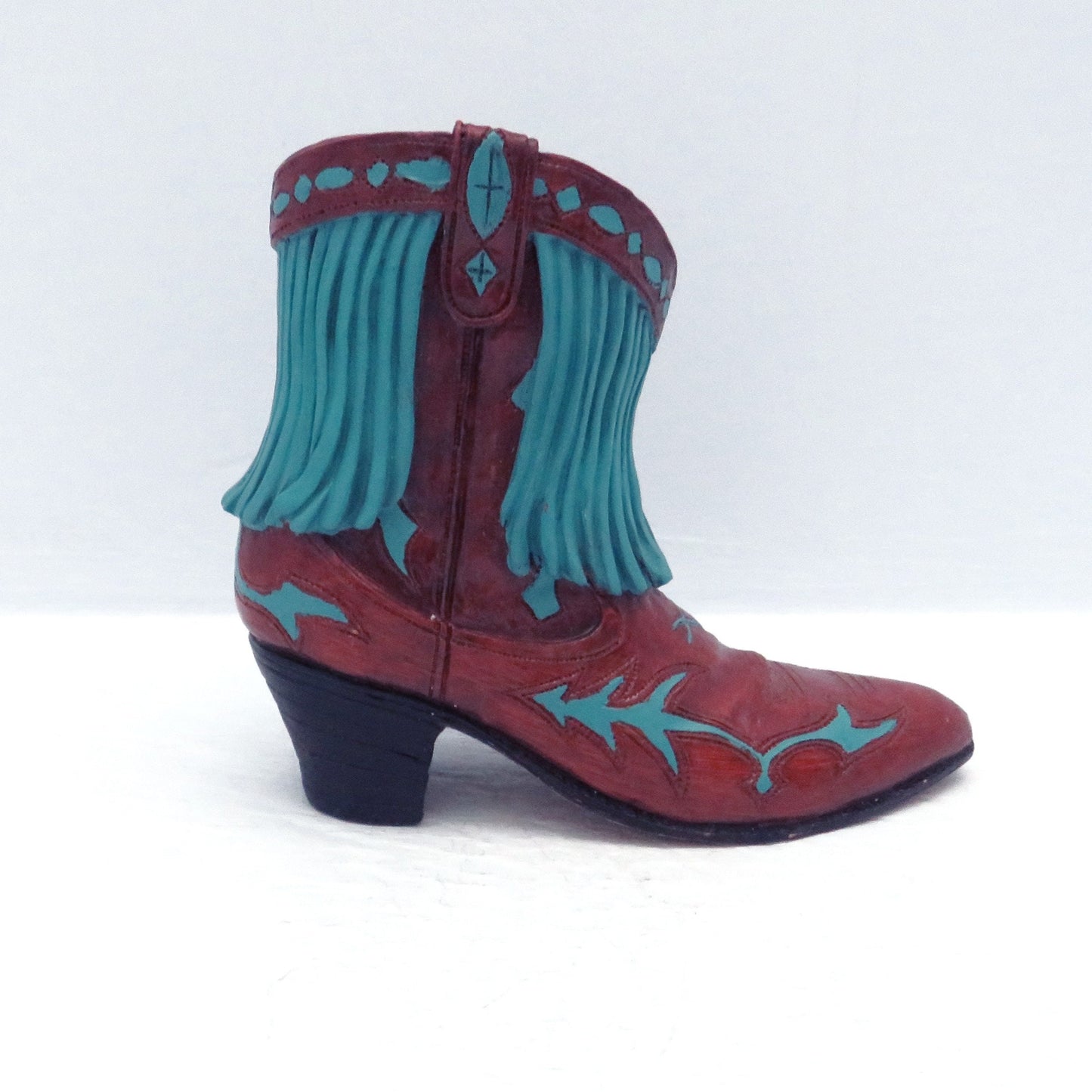 Vintage Resin Brown Cowboy Boot With Turquoise Fringe Figurine / Cowboy Decor / Western Decor / Cowboy Boot Lover Gift /