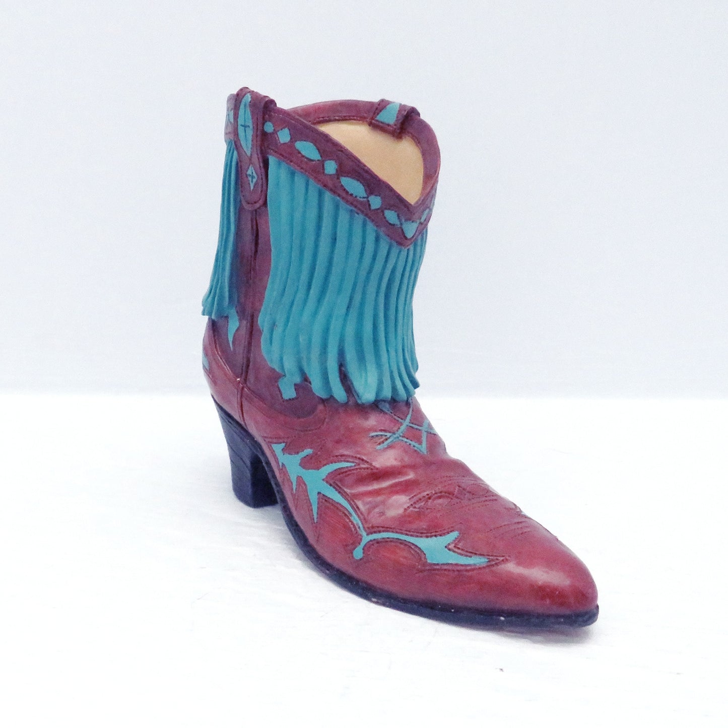 Vintage Resin Brown Cowboy Boot With Turquoise Fringe Figurine / Cowboy Decor / Western Decor / Cowboy Boot Lover Gift /