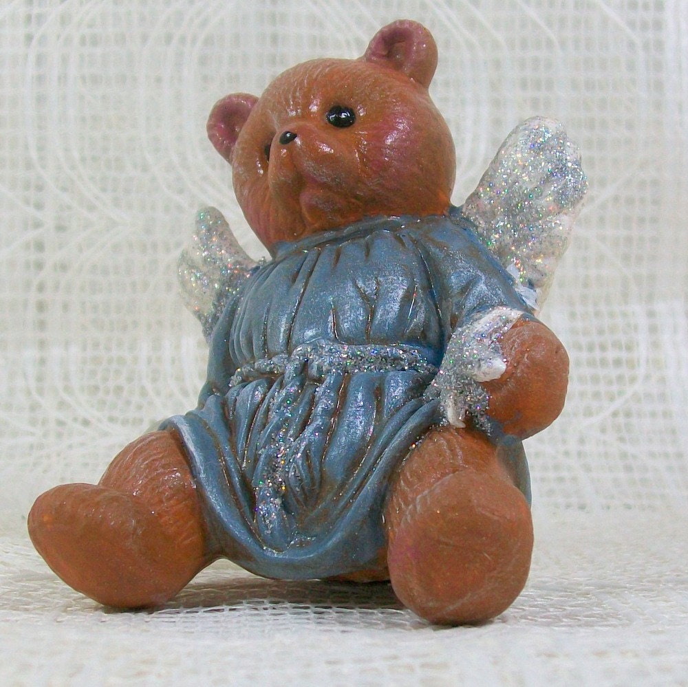 Handmade Ceramic Sitting Angel Bear with Clear Stone and Glitter Wings