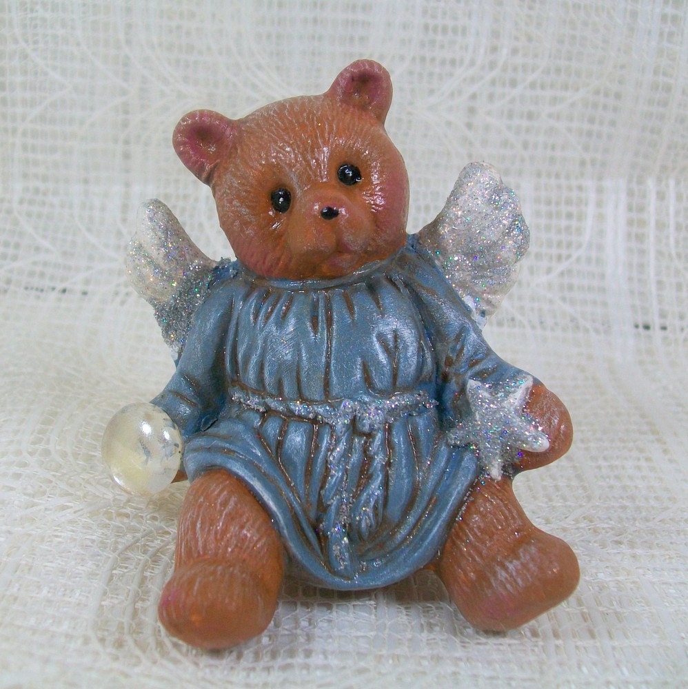 Handmade Ceramic Sitting Angel Bear with Clear Stone and Glitter Wings